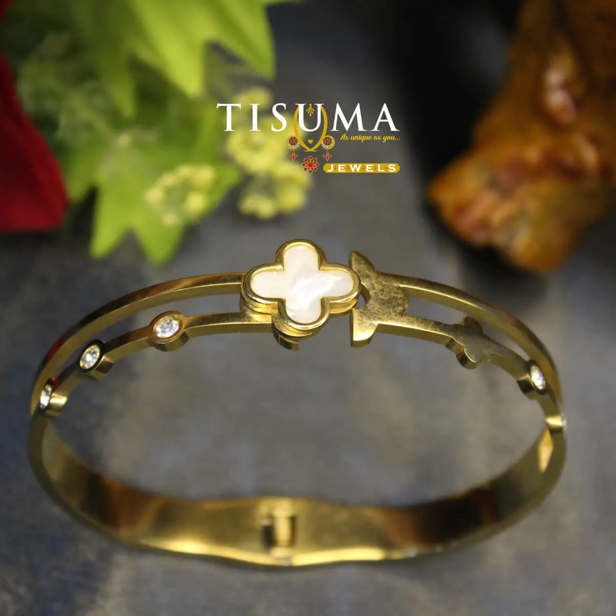 Clover Mother of Pearl Double Band Anti-Tarnish Kada Bangle